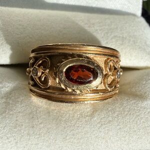 Vintage Gold Filigree Ring with Garnet Center & Diamond Accents